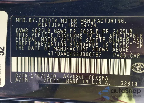 2025 Toyota Camry Se z USA, uszkodzony, nr VIN 4T1DAACK8SU000787